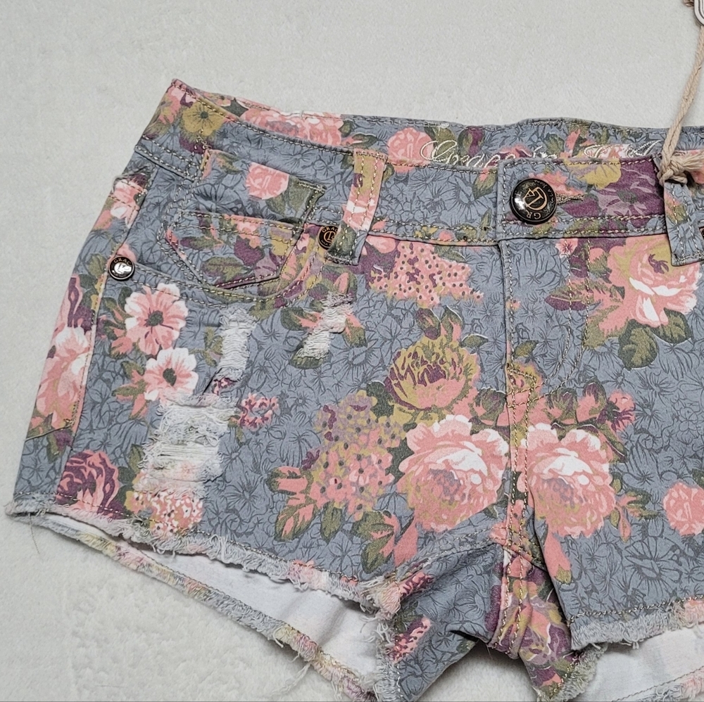 Grace in LA New Gray Pink Floral Distressed Raw Cut Micro Mini Denim Shorts 3/25 - Picture 3 of 10